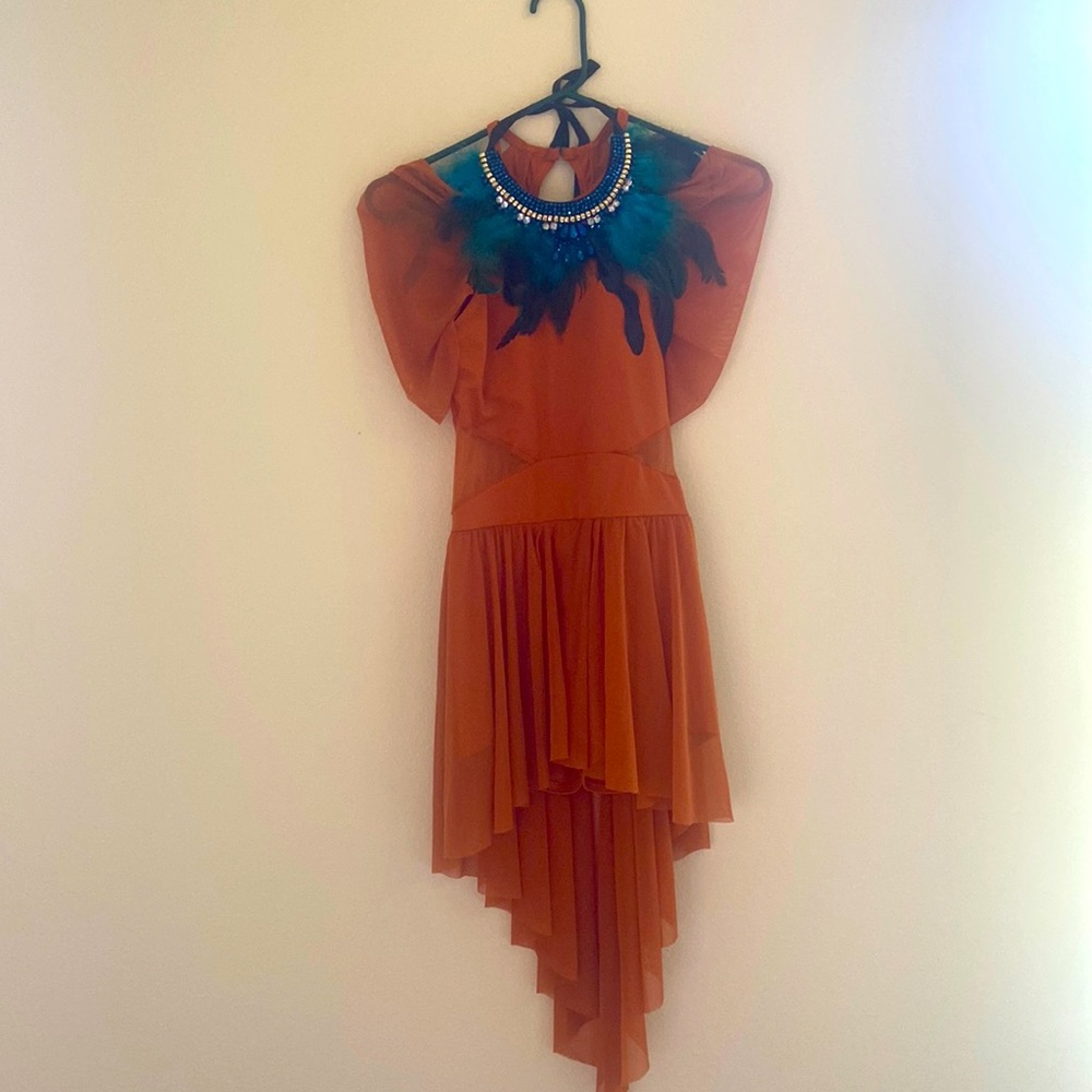weissman girls orange teal lyrical contemporary dance costume mesh and feathers